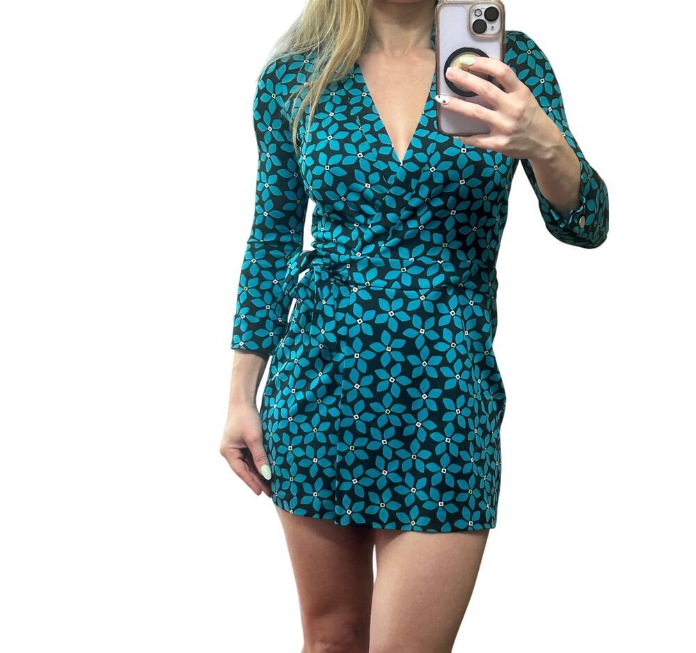 Diane von Furstenberg DVF Celeste Silk Cotton Romper Teal Floral NWT 0